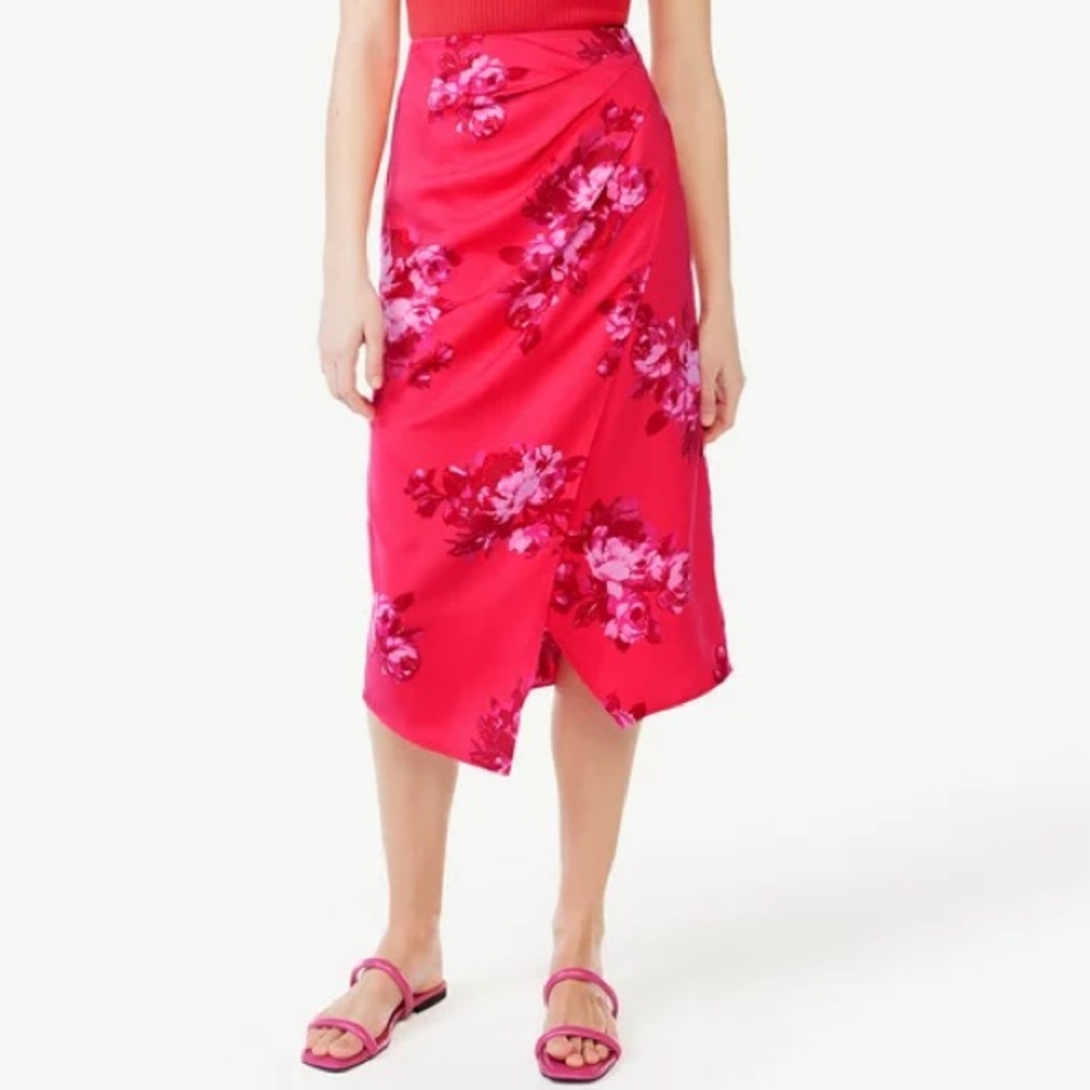 Floral faux wrap high waisted midi skirt